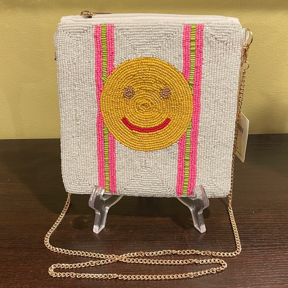 Beaded Smiley Face Crossbody Canvas Bag - White and Gold